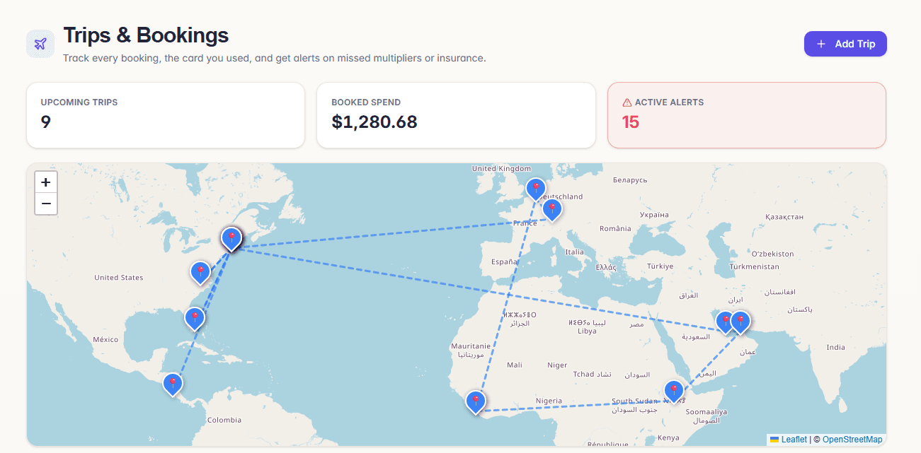 CardMaster trips and bookings view with an interactive world map of upcoming trips