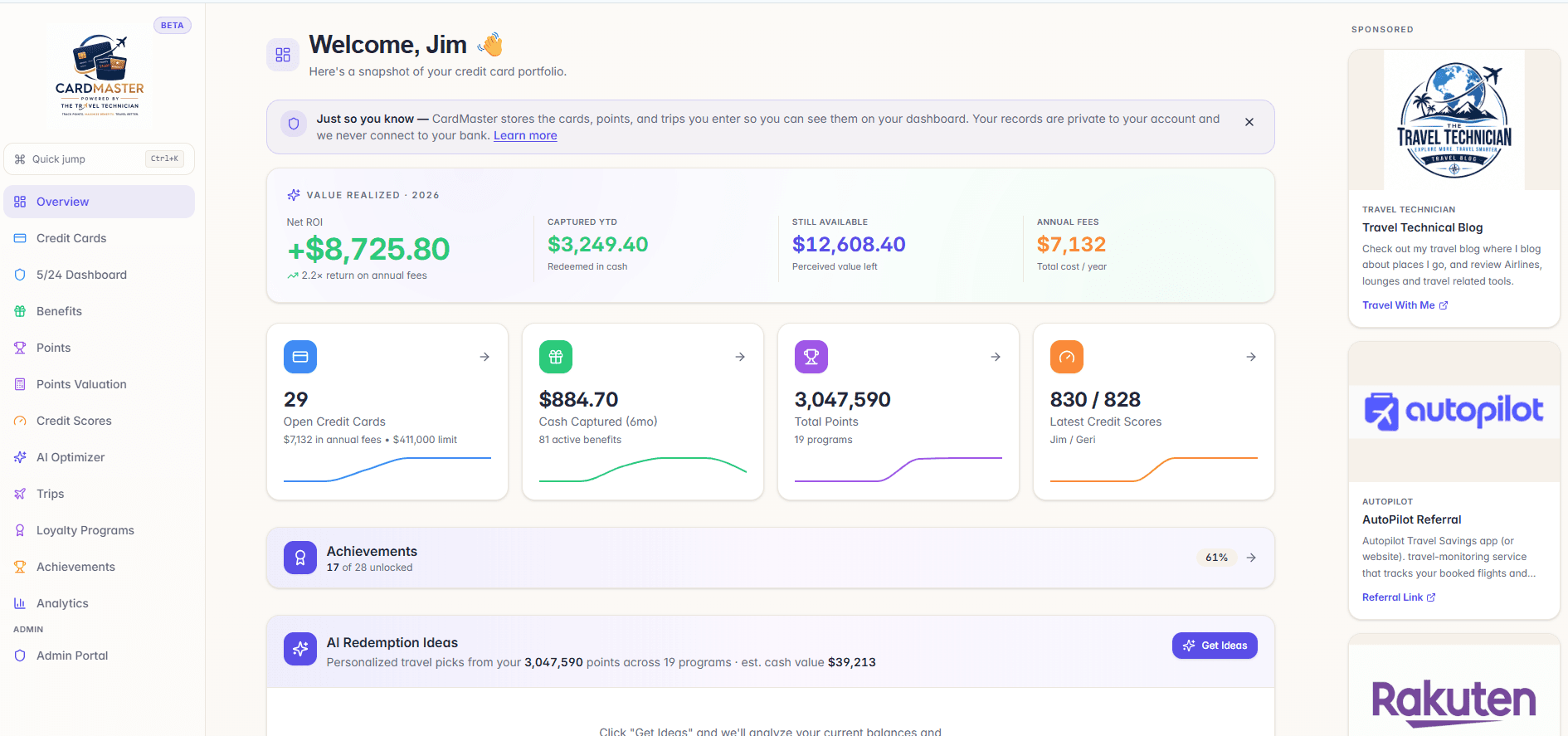 CardMaster overview dashboard showing value realized, open cards, total points, and credit scores